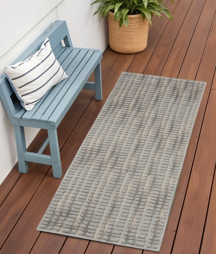 7' Gray And Beige Abstract Indoor Outdoor Runner Rug