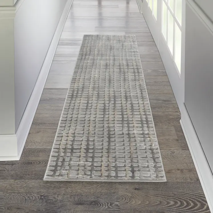 7' Gray And Beige Abstract Indoor Outdoor Runner Rug