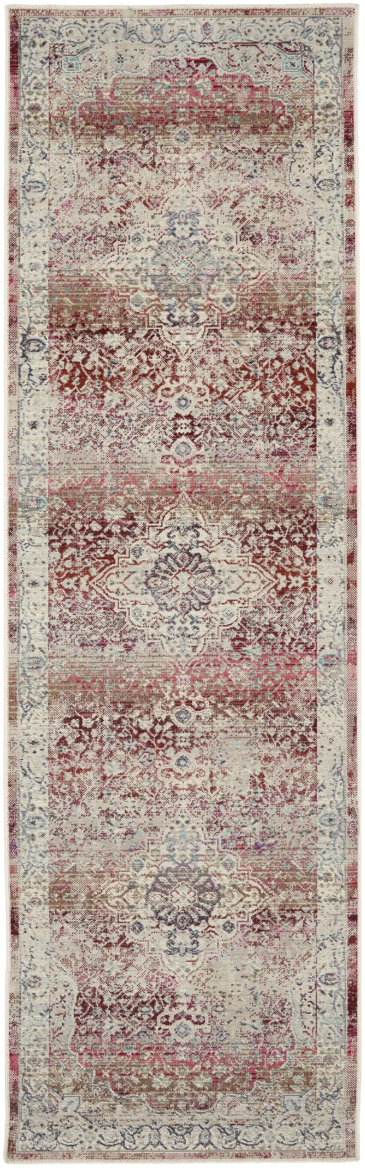 8' Ivory Red And Brown Floral Distressed Runner Rug