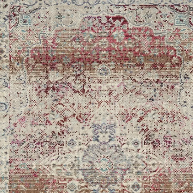 8' Ivory Red And Brown Floral Distressed Runner Rug