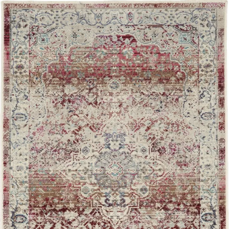 8' Ivory Red And Brown Floral Distressed Runner Rug