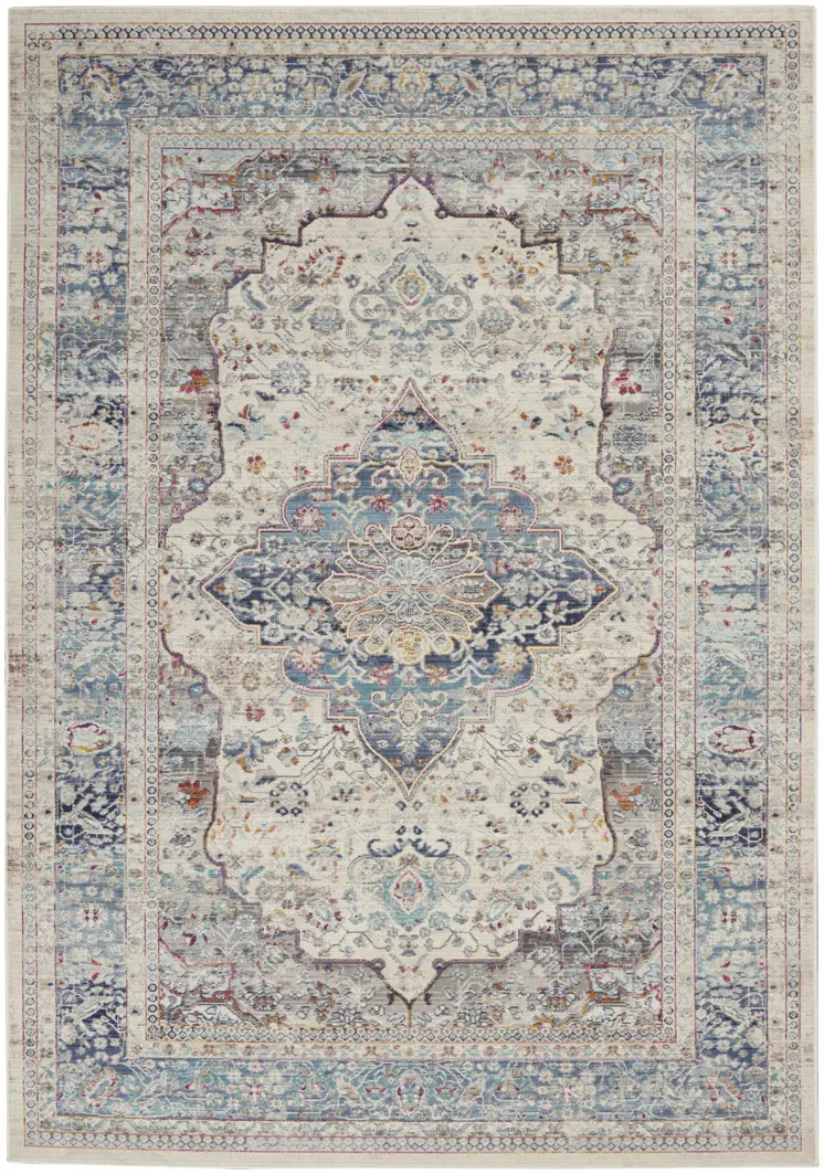 5' X 8' Ivory Blue And Orange Floral Distressed Area Rug