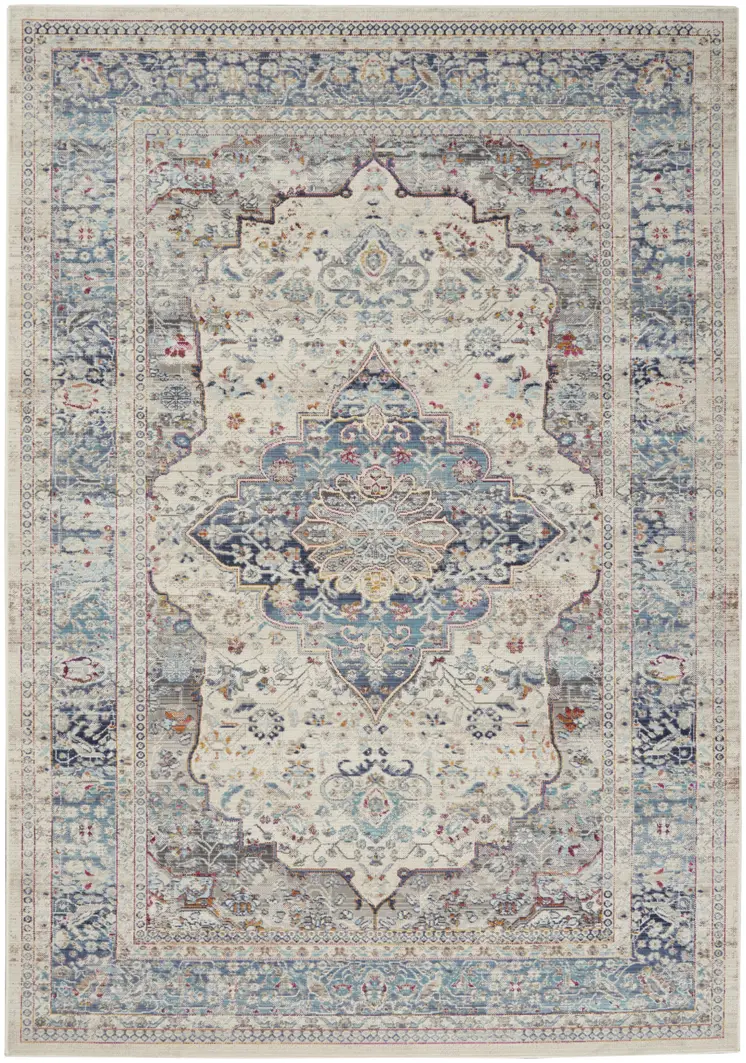 5' X 8' Ivory Blue And Orange Floral Distressed Area Rug