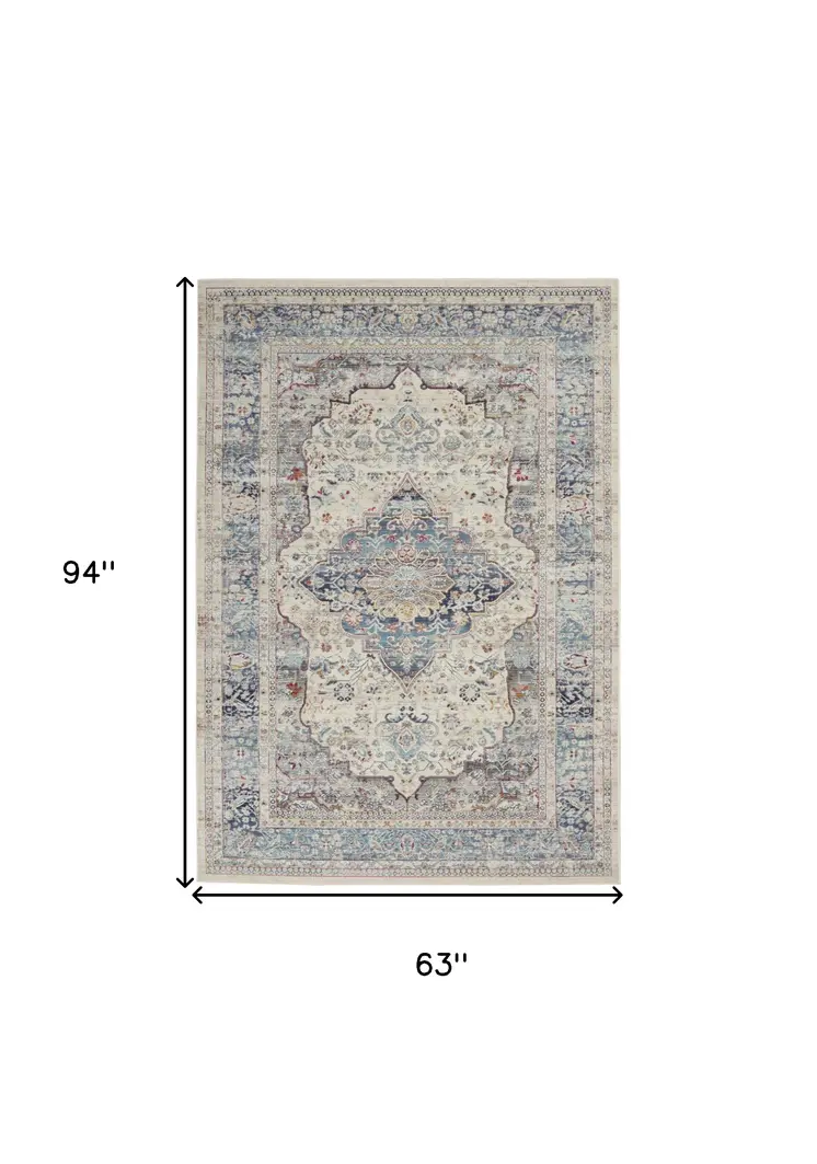 5' X 8' Ivory Blue And Orange Floral Distressed Area Rug