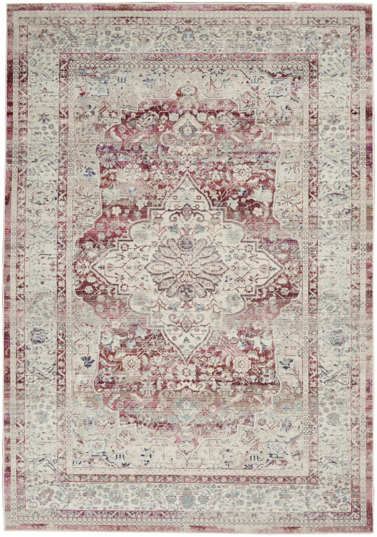 5' X 8' Ivory Red And Brown Floral Distressed Area Rug