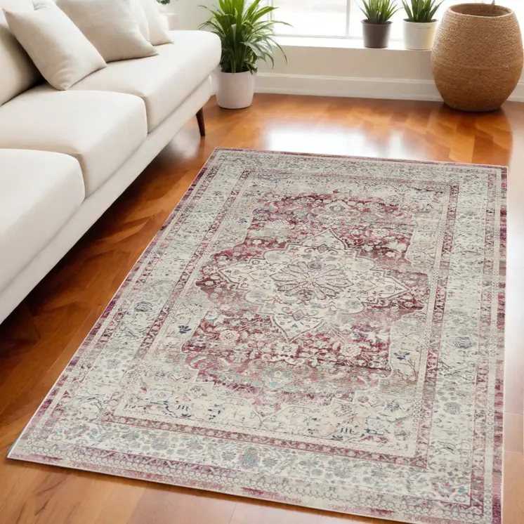 5' X 8' Ivory Red And Brown Floral Distressed Area Rug