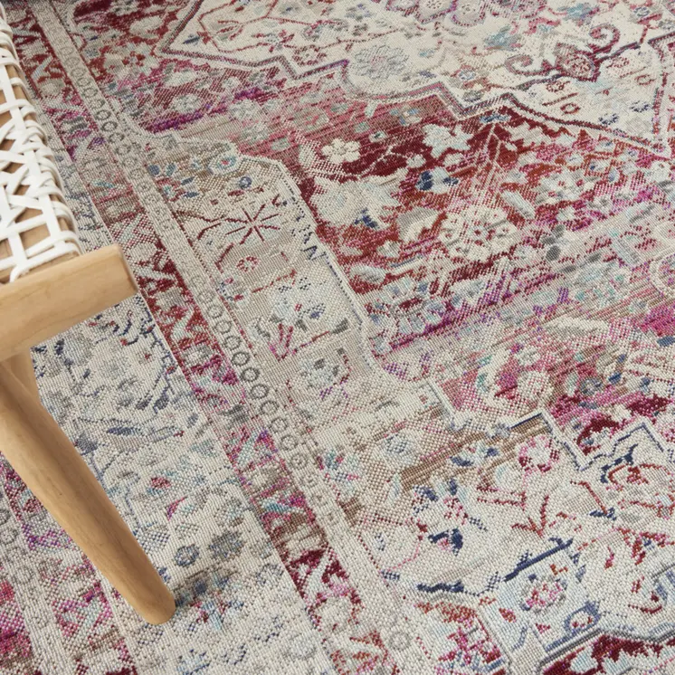 5' X 8' Ivory Red And Brown Floral Distressed Area Rug