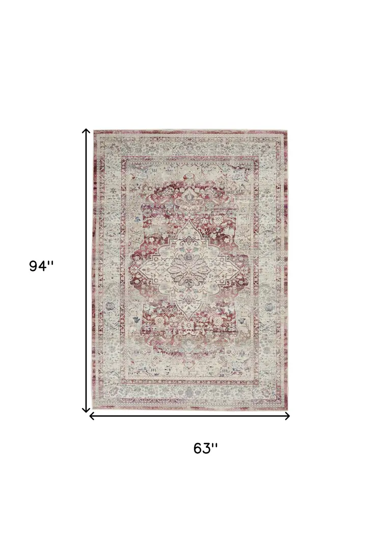 5' X 8' Ivory Red And Brown Floral Distressed Area Rug