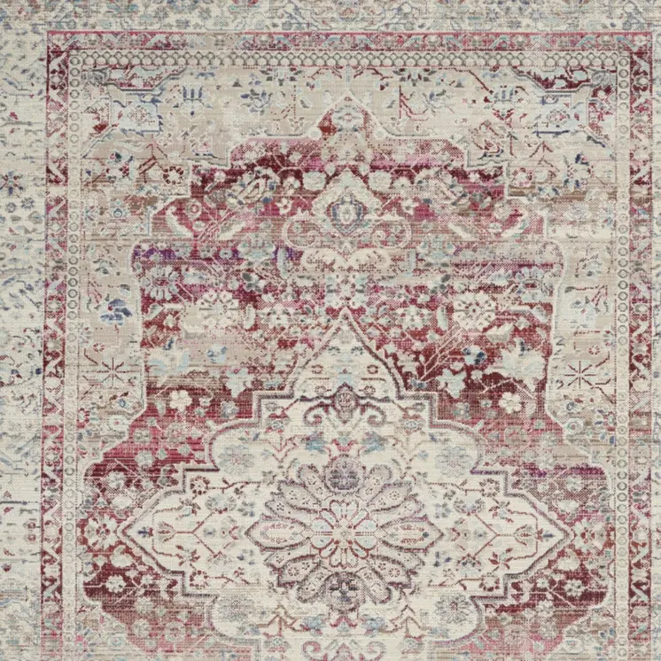 5' X 8' Ivory Red And Brown Floral Distressed Area Rug