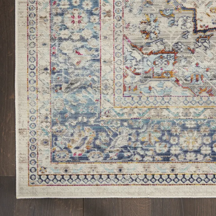 6' Ivory Blue And Orange Floral Distressed Runner Rug