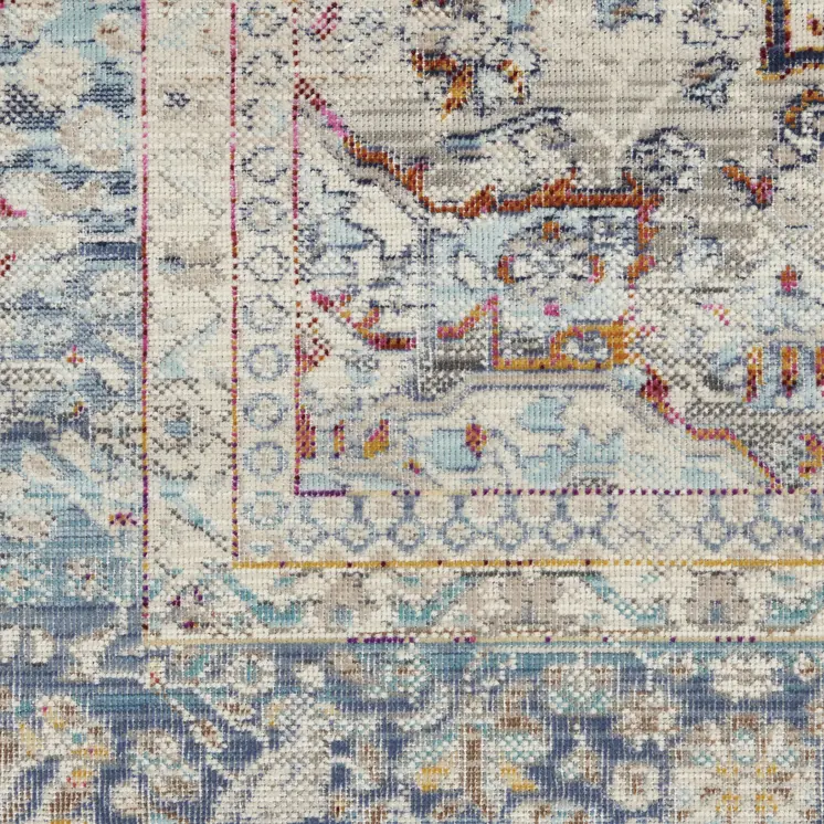 6' Ivory Blue And Orange Floral Distressed Runner Rug
