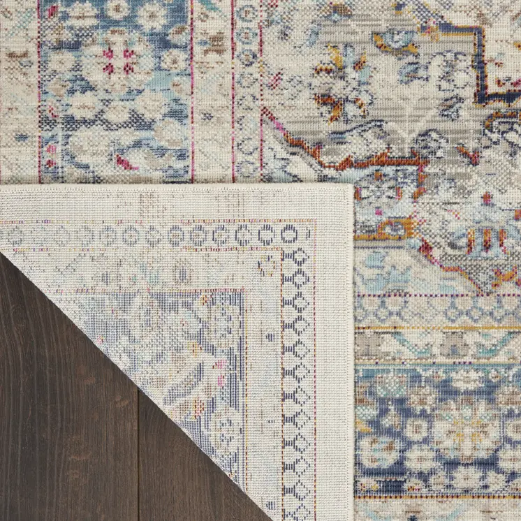 6' Ivory Blue And Orange Floral Distressed Runner Rug