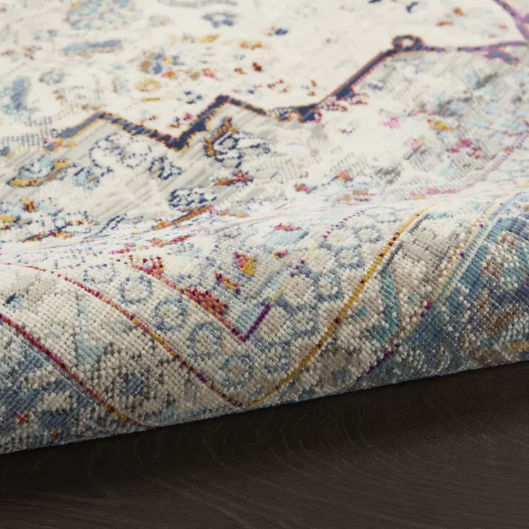 6' Ivory Blue And Orange Floral Distressed Runner Rug