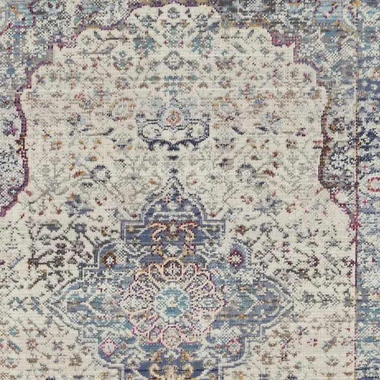 6' Ivory Blue And Orange Floral Distressed Runner Rug
