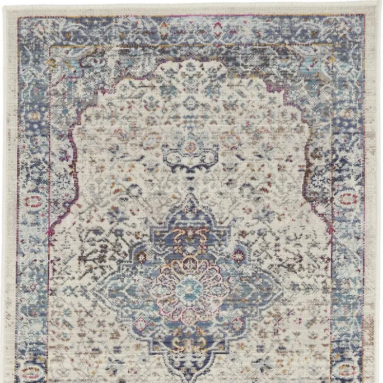 6' Ivory Blue And Orange Floral Distressed Runner Rug