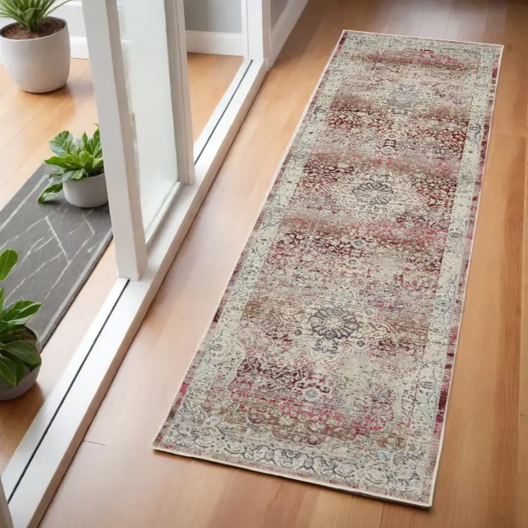 6' Ivory Red And Brown Floral Distressed Runner Rug