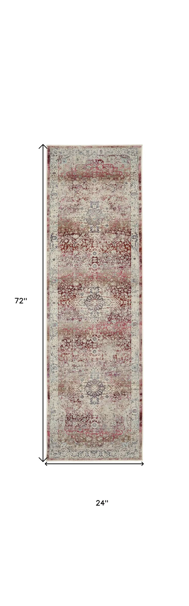 6' Ivory Red And Brown Floral Distressed Runner Rug