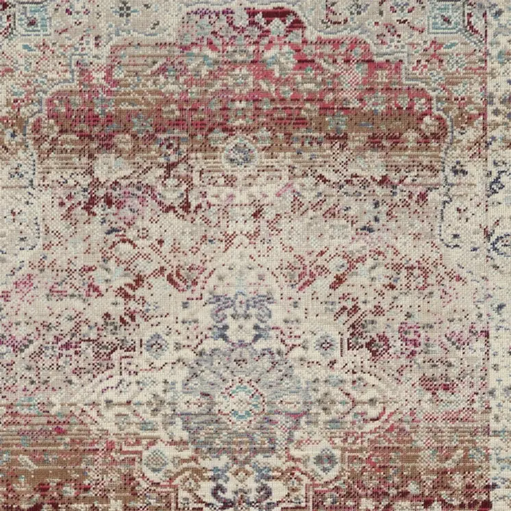 6' Ivory Red And Brown Floral Distressed Runner Rug