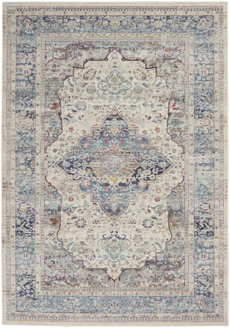 4' X 6' Ivory Blue And Orange Floral Distressed Area Rug