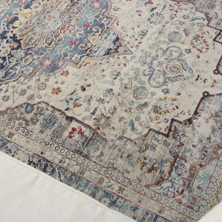4' X 6' Ivory Blue And Orange Floral Distressed Area Rug