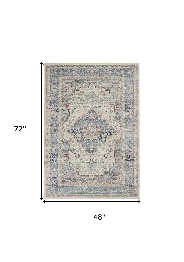 4' X 6' Ivory Blue And Orange Floral Distressed Area Rug