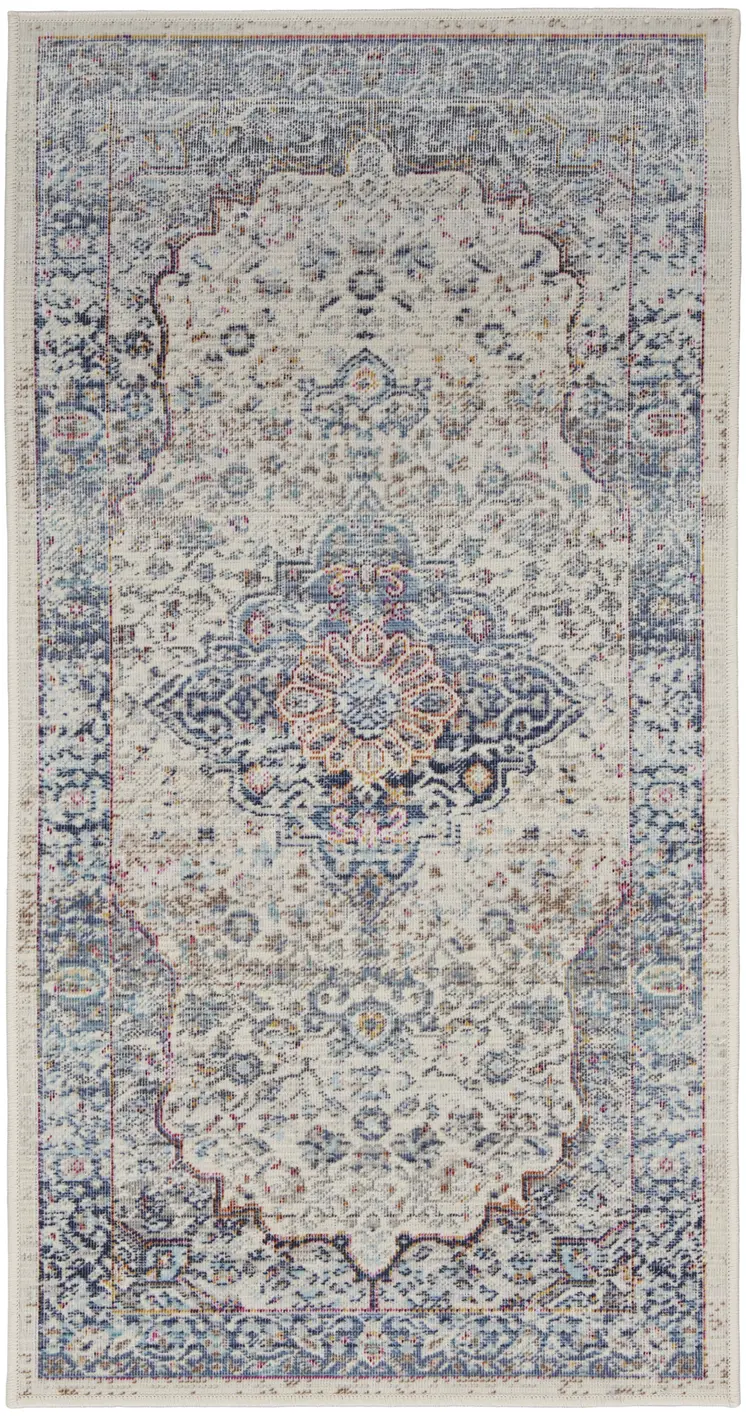 2' X 4' Ivory Blue And Orange Floral Distressed Area Rug