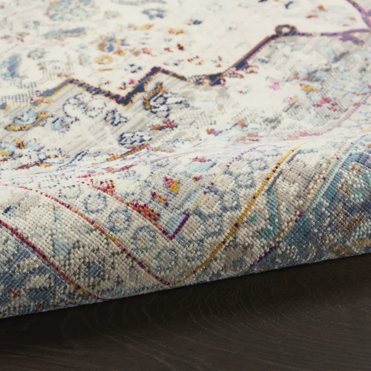 2' X 4' Ivory Blue And Orange Floral Distressed Area Rug