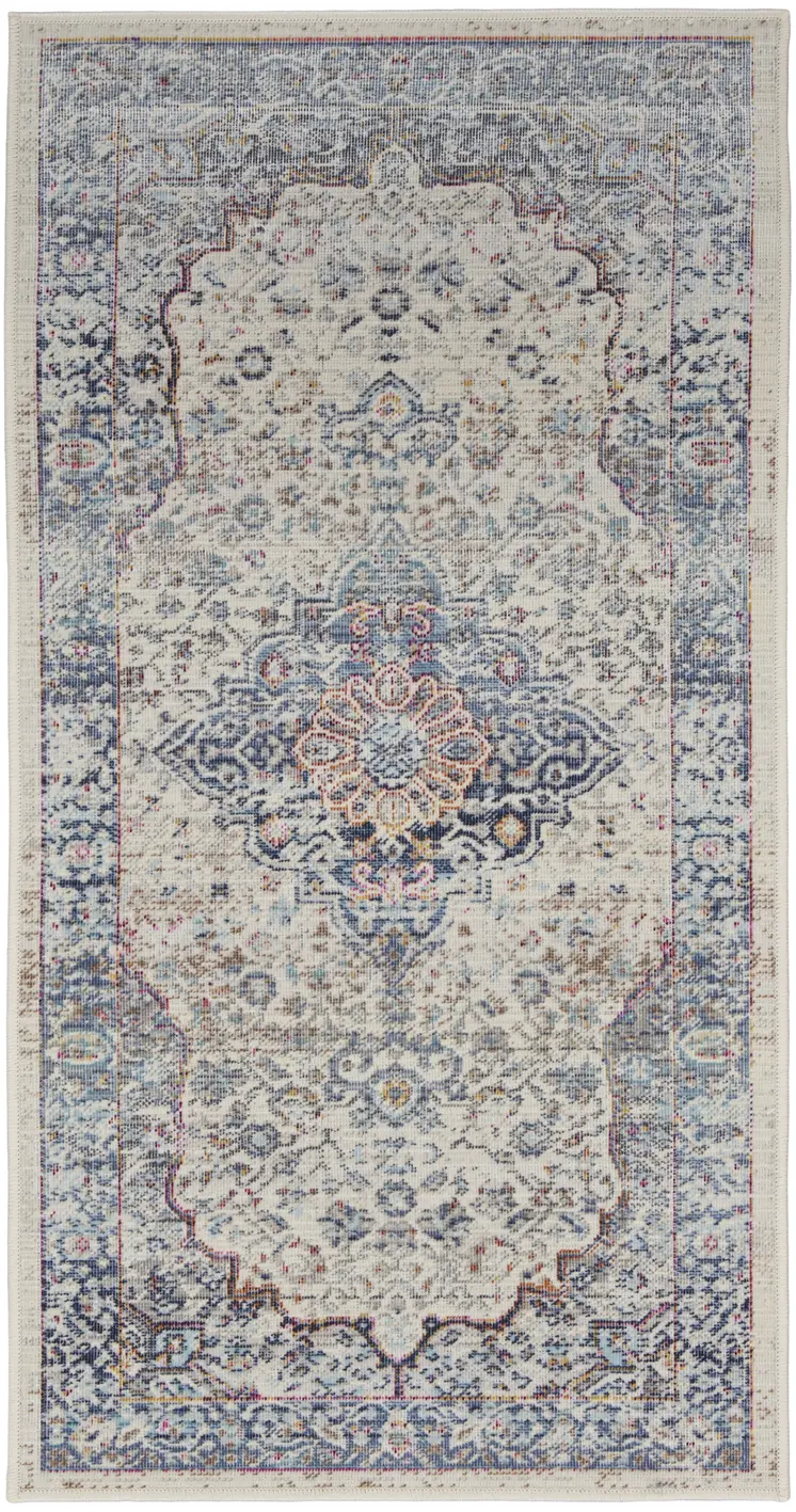 2' X 4' Ivory Blue And Orange Floral Distressed Area Rug