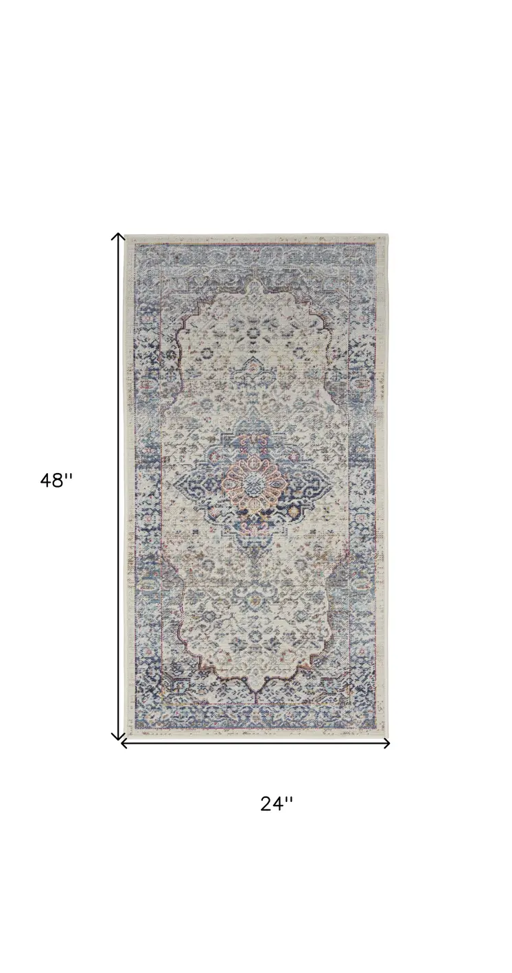 2' X 4' Ivory Blue And Orange Floral Distressed Area Rug