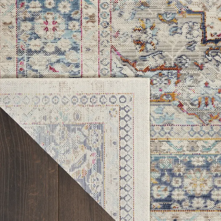 2' X 4' Ivory Blue And Orange Floral Distressed Area Rug