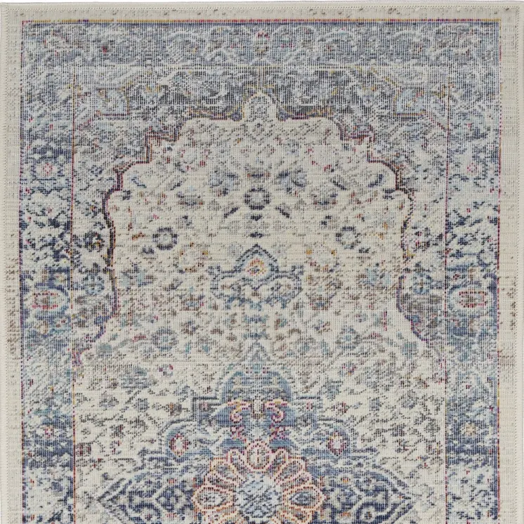 2' X 4' Ivory Blue And Orange Floral Distressed Area Rug