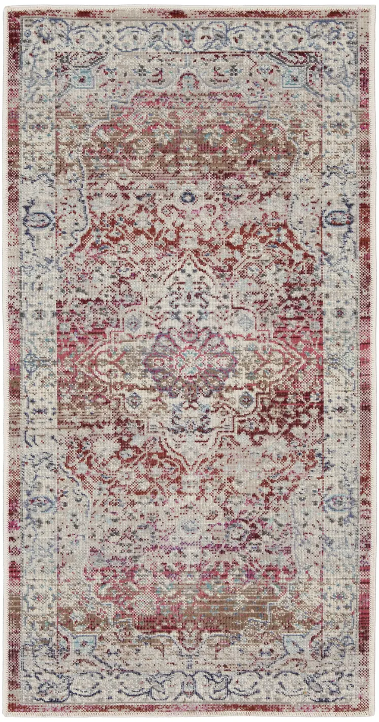 2' X 4' Ivory Red And Brown Floral Distressed Area Rug