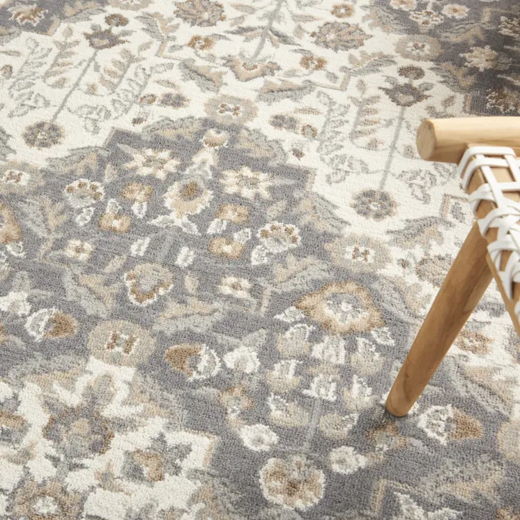 4' X 6' Ivory and Gray Floral Non Skid Area Rug