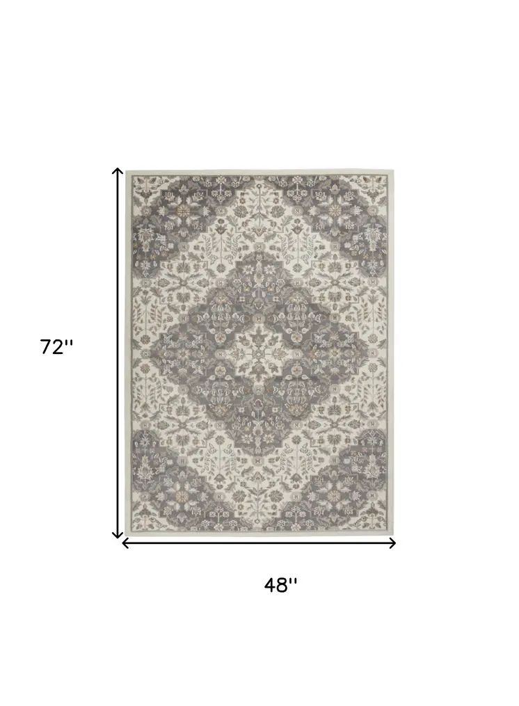 4' X 6' Ivory and Gray Floral Non Skid Area Rug