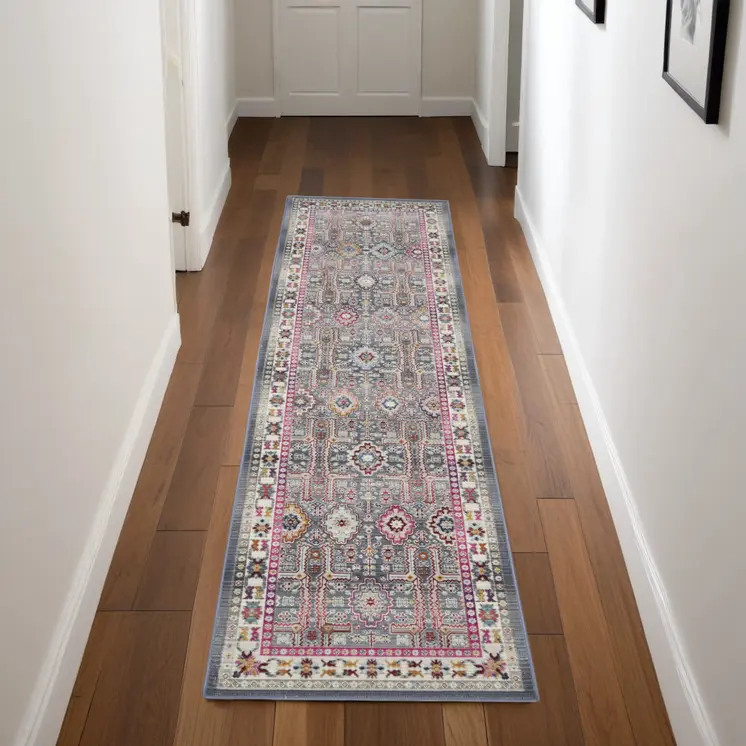 8' Ivory Pink And Gray Floral Distressed Runner Rug