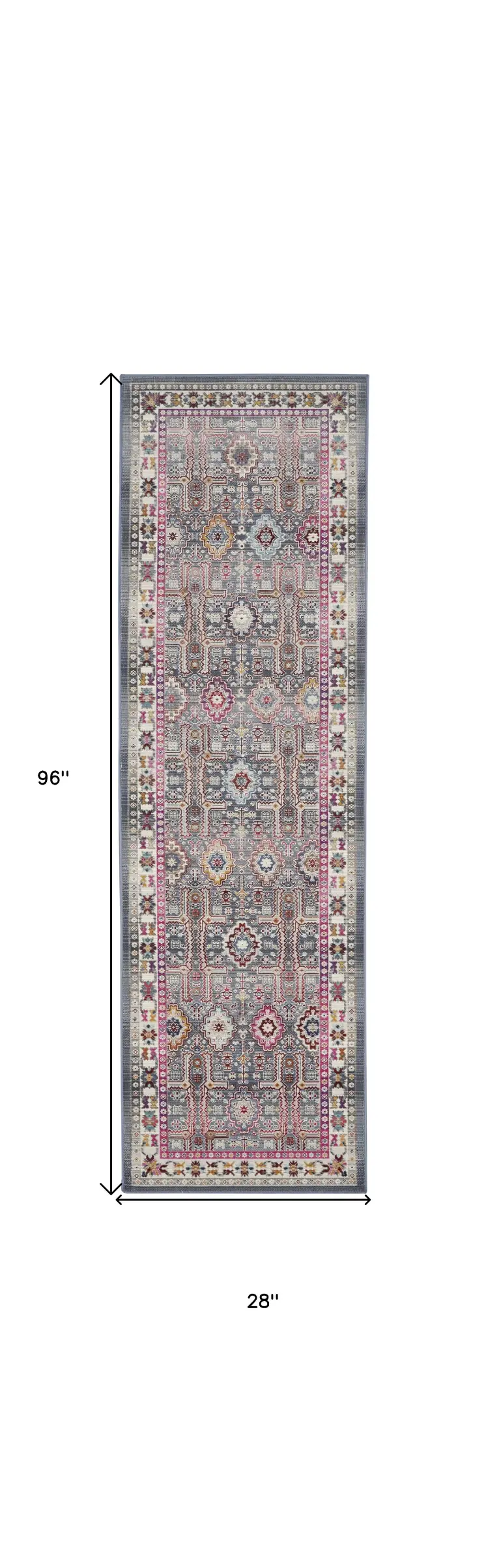 8' Ivory Pink And Gray Floral Distressed Runner Rug