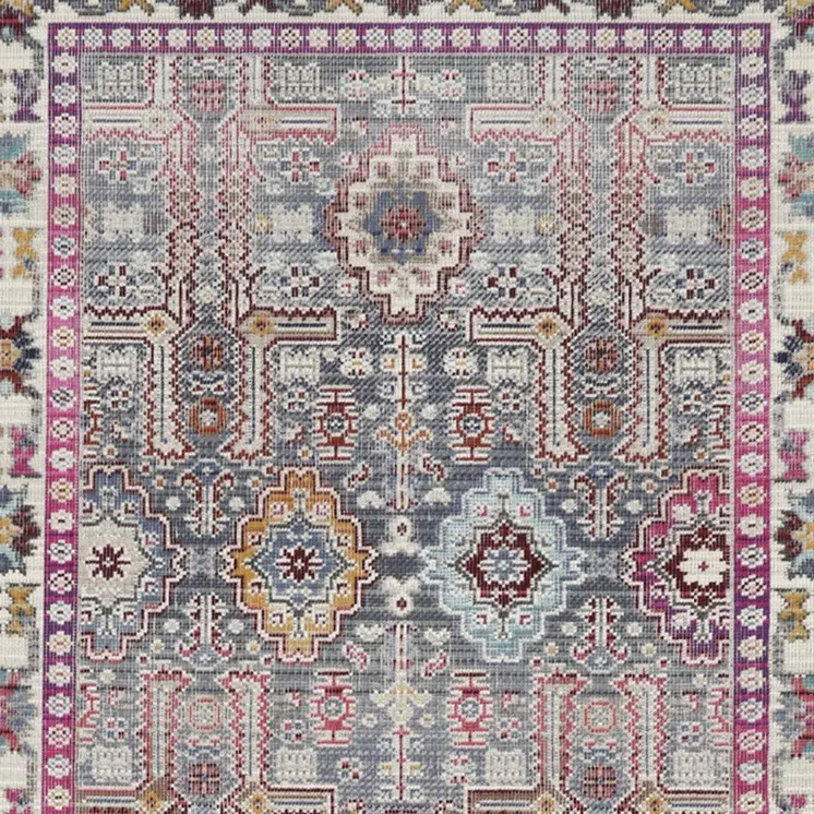 8' Ivory Pink And Gray Floral Distressed Runner Rug