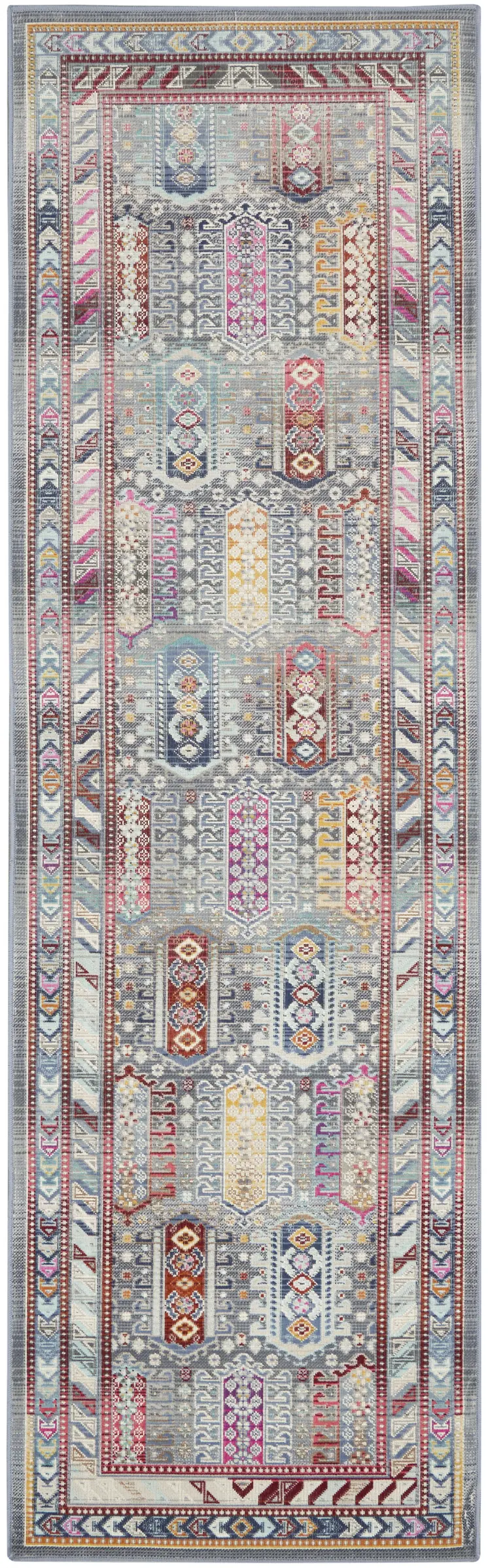 8' Ivory Gray And Red Floral Distressed Runner Rug