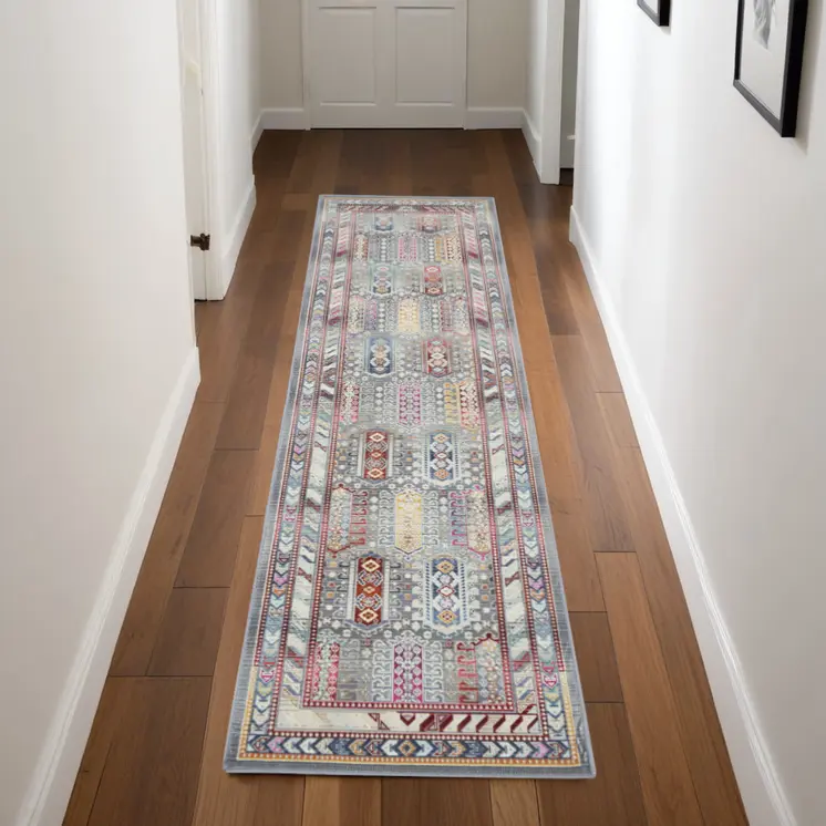 8' Ivory Gray And Red Floral Distressed Runner Rug