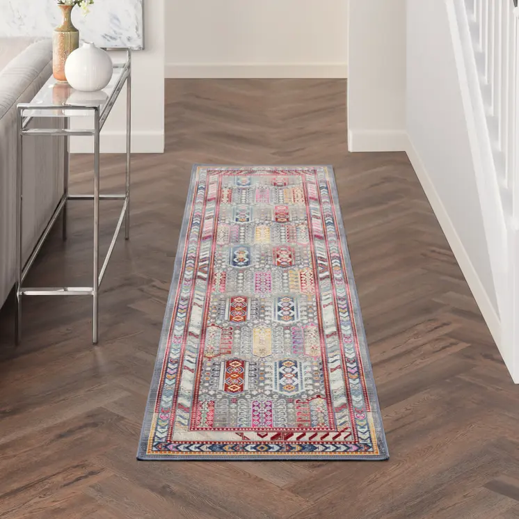 8' Ivory Gray And Red Floral Distressed Runner Rug