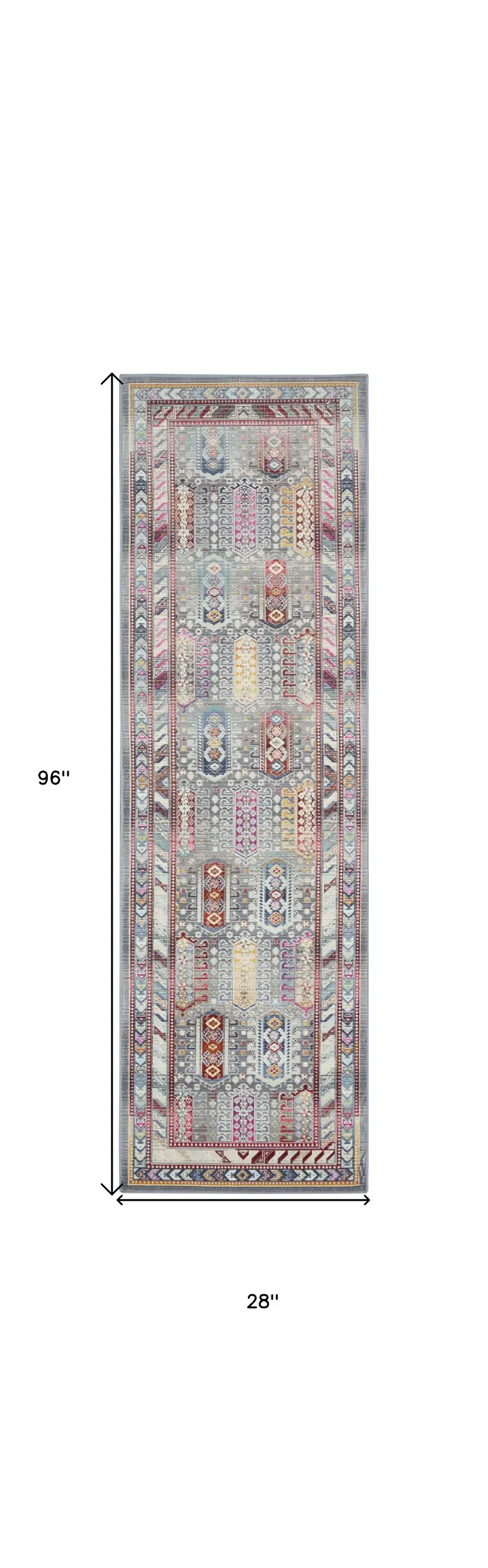 8' Ivory Gray And Red Floral Distressed Runner Rug