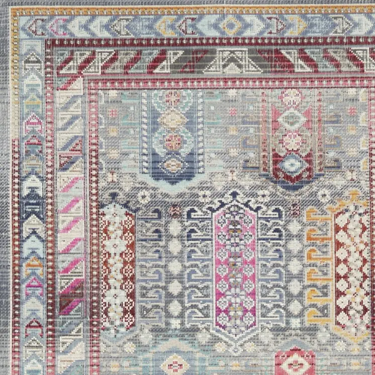 8' Ivory Gray And Red Floral Distressed Runner Rug