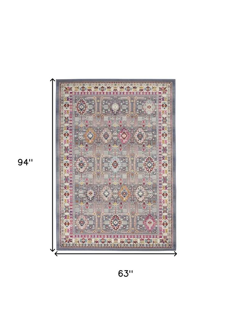 5' X 8' Ivory Pink And Gray Floral Distressed Area Rug
