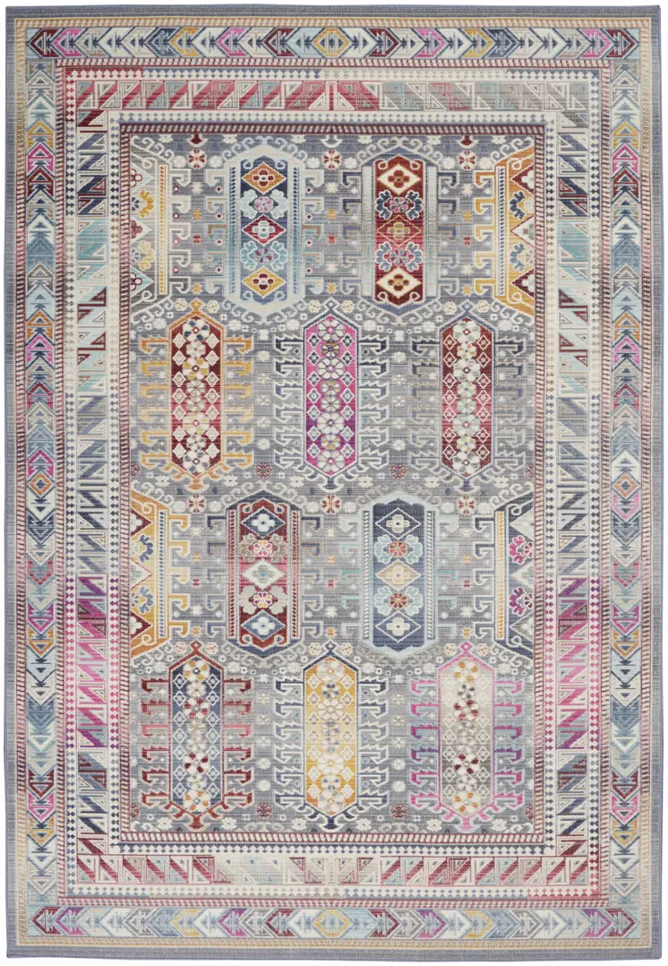5' X 8' Ivory Gray And Red Floral Distressed Area Rug