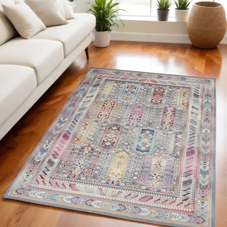 5' X 8' Ivory Gray And Red Floral Distressed Area Rug