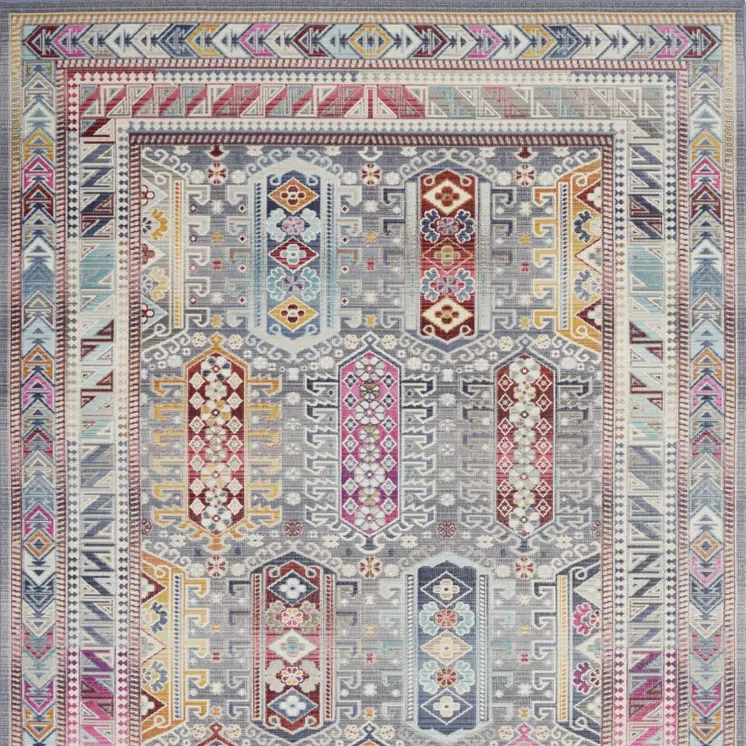 5' X 8' Ivory Gray And Red Floral Distressed Area Rug