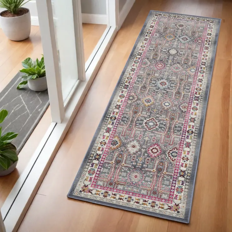 6' Ivory Pink And Gray Floral Distressed Runner Rug