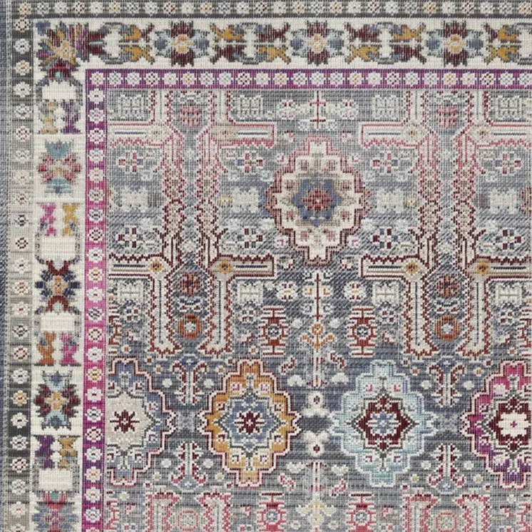 6' Ivory Pink And Gray Floral Distressed Runner Rug