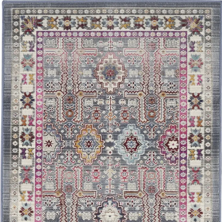 6' Ivory Pink And Gray Floral Distressed Runner Rug