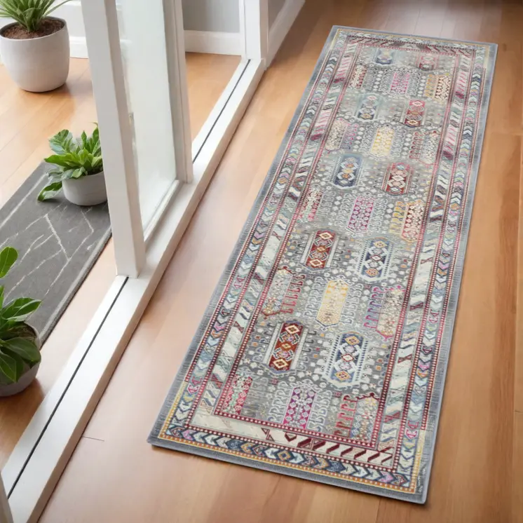 6' Ivory Gray And Red Floral Distressed Runner Rug